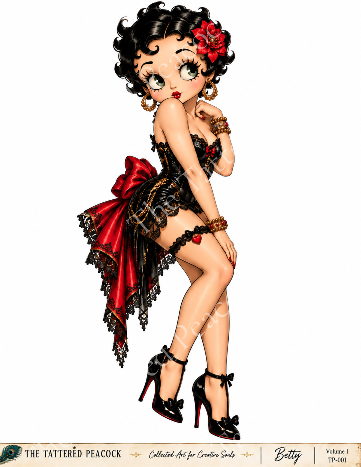 Betty vintage pin-up cotton fabric art panel in black and red dress for wearable art and creative upcycling