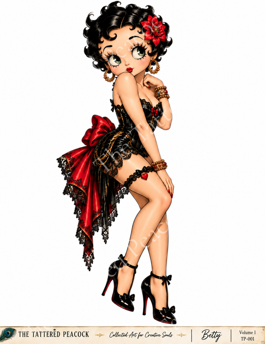 Betty vintage pin-up cotton fabric art panel in black and red dress for wearable art and creative upcycling
