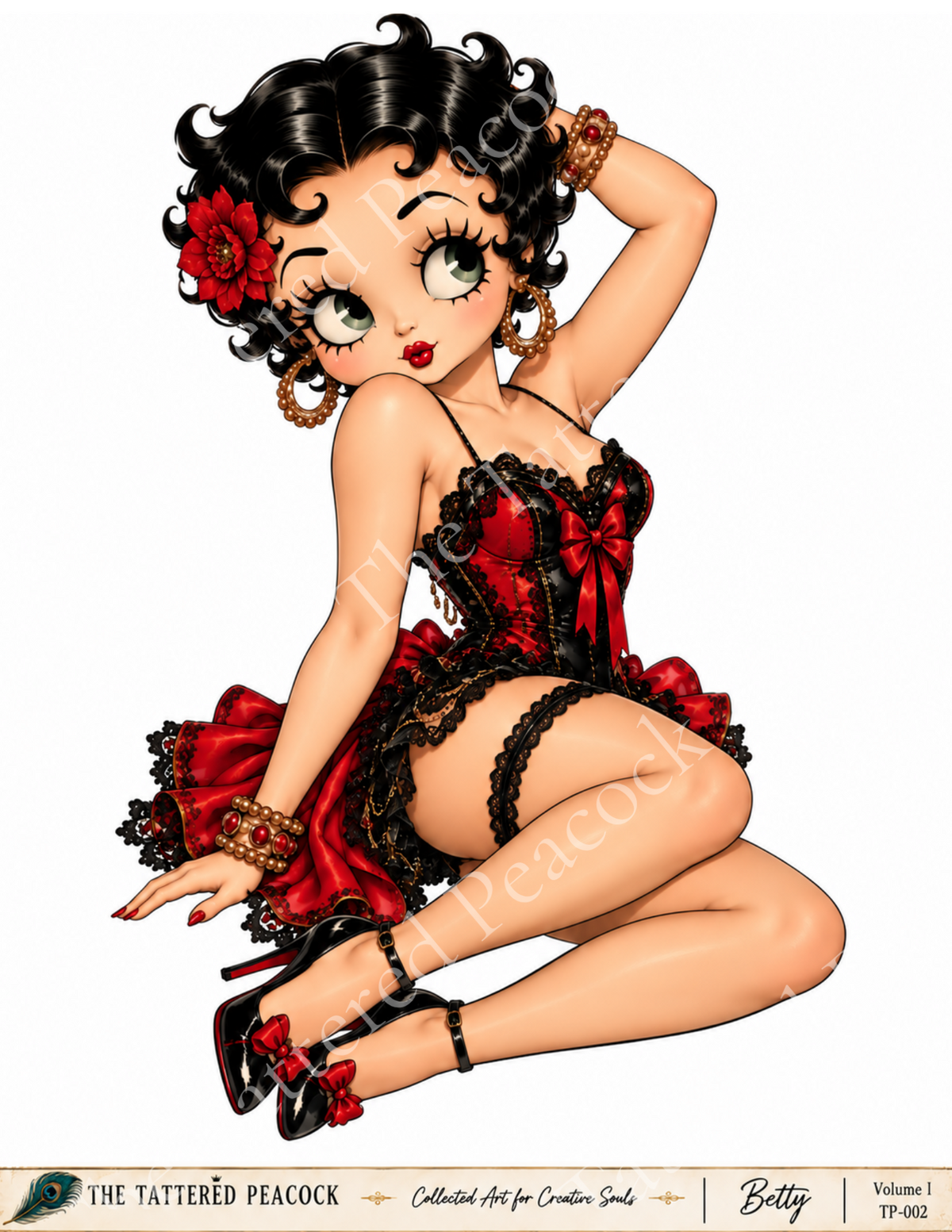 Betty vintage pin-up cotton fabric art panel in red and black corset for wearable art and creative upcycling