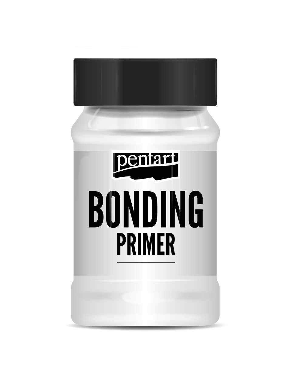 Jar of bonding primer with black lid on a white background
