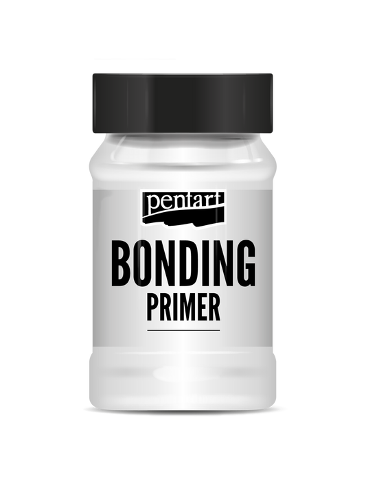 Jar of bonding primer with black lid on a white background