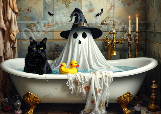 Black cat in a bathtub with a ghost and rubber duck on a decorative background