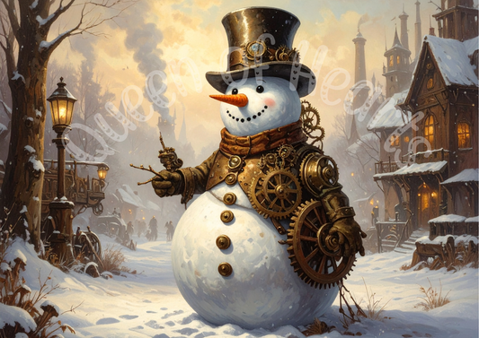 Steampunk snowman with gears against a snowy village backdrop