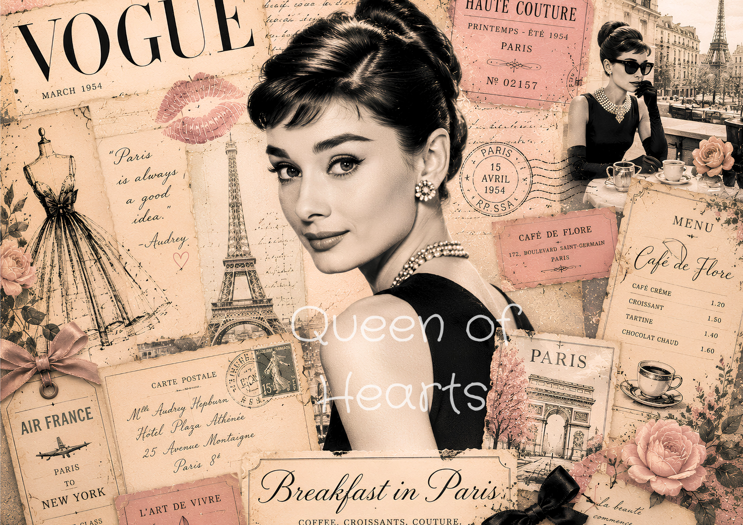 A vintage-style collage print featuring a portrait of Audrey Hepburn, Paris-themed postcards, Eiffel Tower illustrations, pink roses, and fashion motifs. 