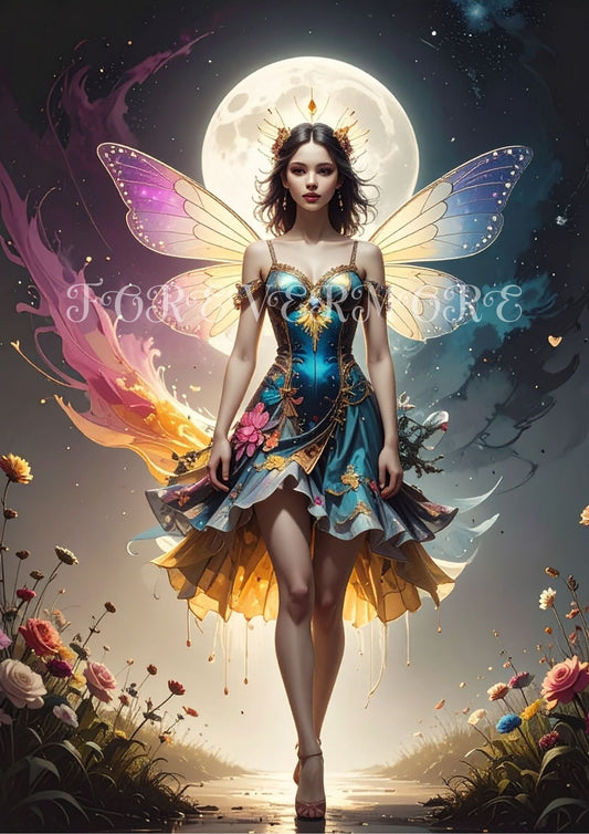 Fantasy fairy with colorful wings and dress against a moonlit sky