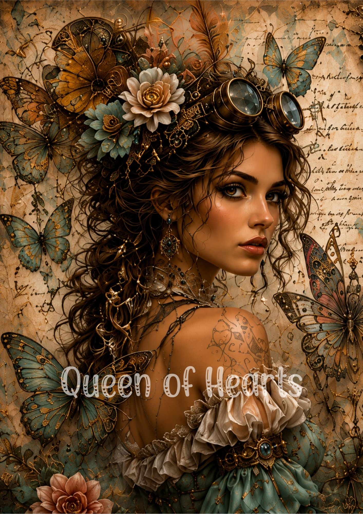 Romantic fantasy woman surrounded by butterflies, florals, vintage script, and soft earthy tones with whimsical fairy-tale styling.