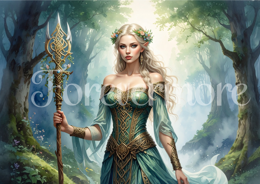 Fairy-like character in a fantasy forest with a staff