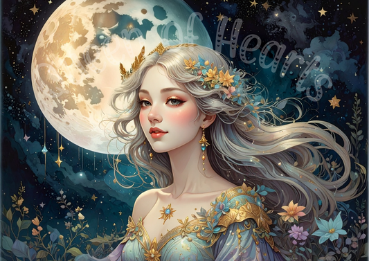 Fairy-like character with flowing hair and floral decorations against a night sky with stars and moon.