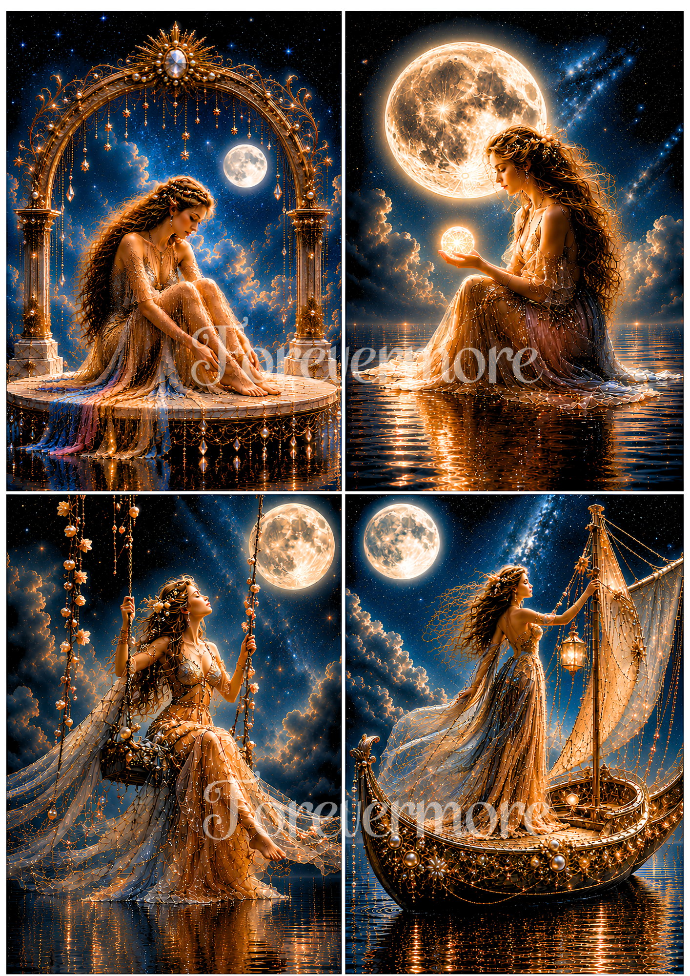 Collage of a woman in a flowing dress with moonlit scenes and a lantern.