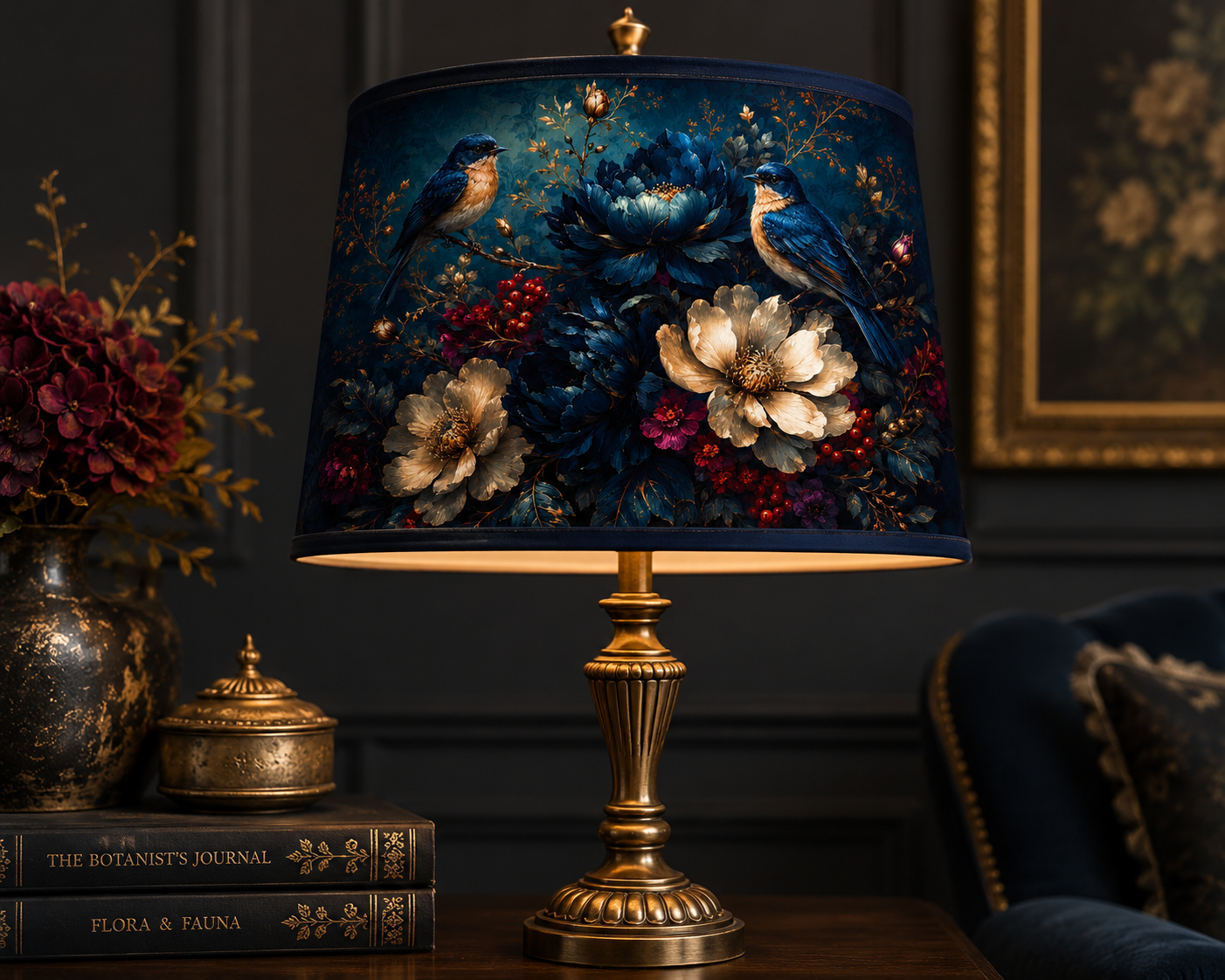 A table lamp with an ornate gold-toned base and a dark blue drum shade printed with large cream flowers, blue birds, and red berries, styled on a table in a dark room.