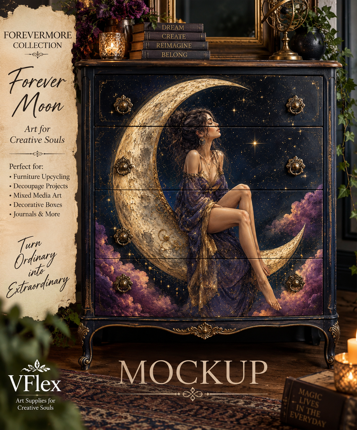 Forevermore – Forever Moon | Celestial Woman Crescent Moon Decoupage Paper