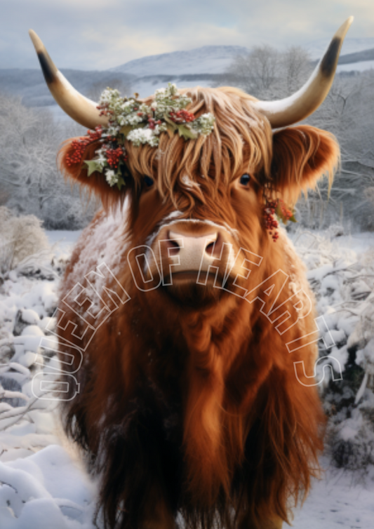 Queen of Hearts Rice Paper Prints - Christmas Highland Cow 1