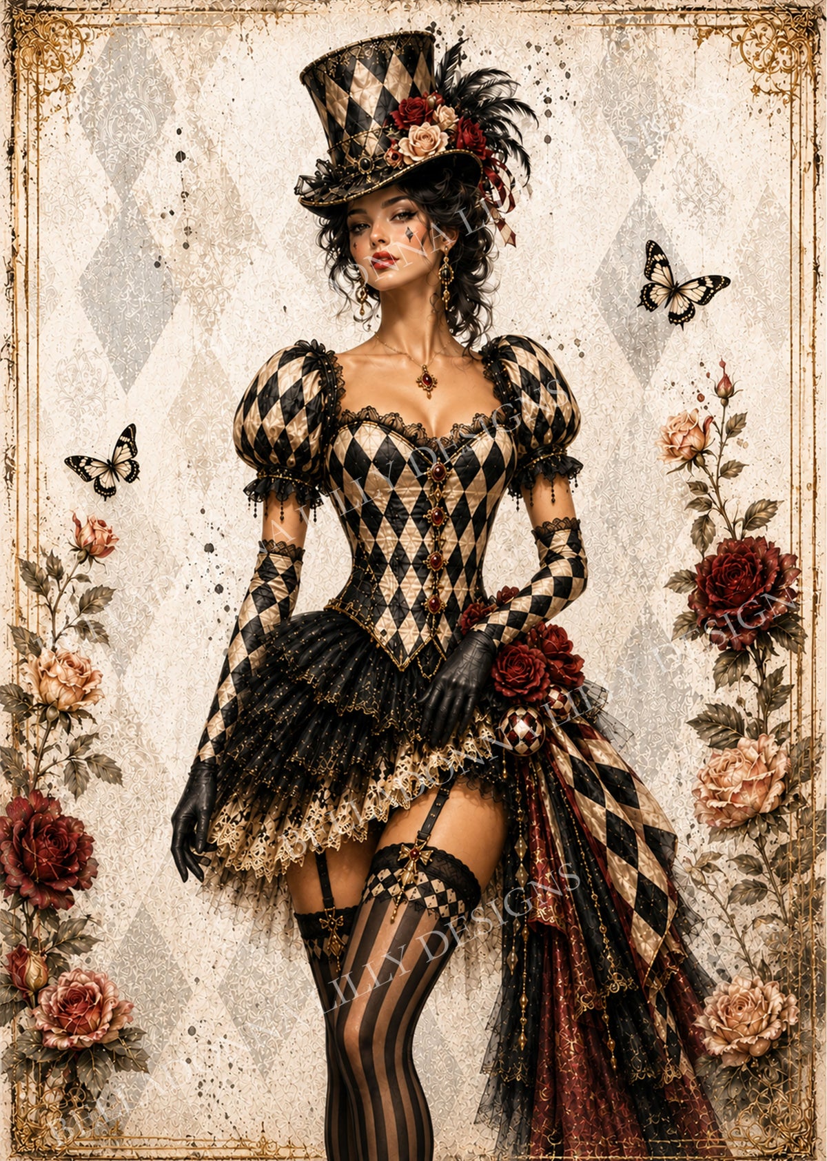 Circus Lady 1 Victorian harlequin woman in black and cream diamond costume with top hat, red roses and butterflies by Belladonna Lilly Designs.