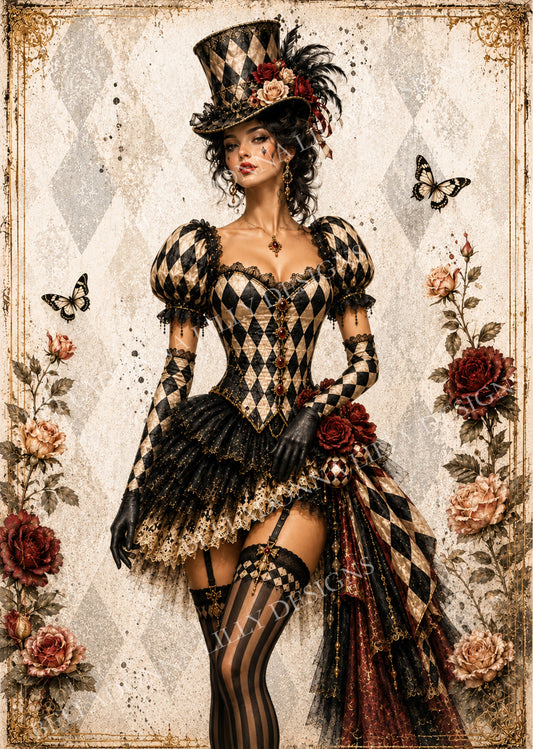 Circus Lady 1 Victorian harlequin woman in black and cream diamond costume with top hat, red roses and butterflies by Belladonna Lilly Designs.