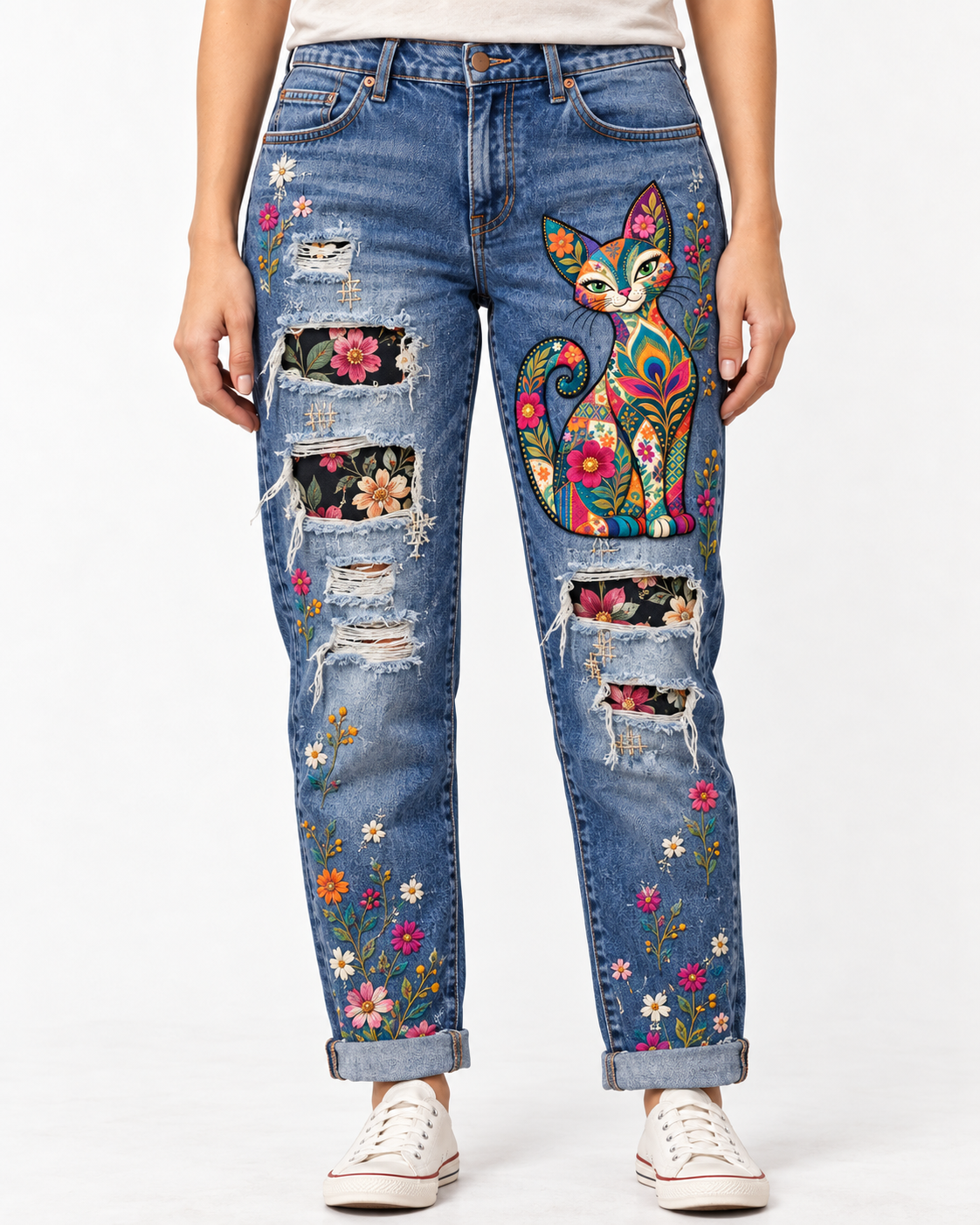 A person wearing blue distressed denim jeans with a colorful floral cat graphic on the right thigh, floral patch details on the knees, and scattered embroidered flowers, paired with white sneakers against a light gray studio background.