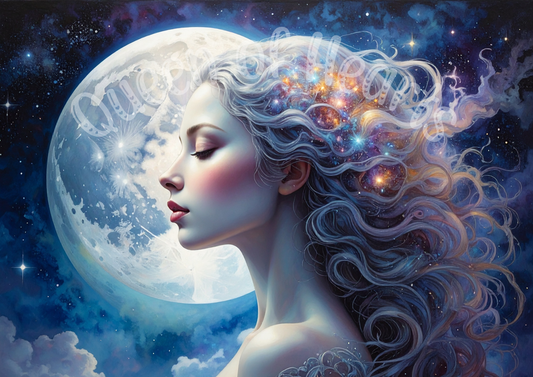 Artistic depiction of a woman's face with celestial elements and a moon in the background