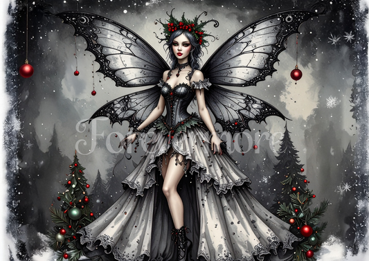 Christmas Gothic fairy with butterfly wings and red berries against a dark, starry sky.