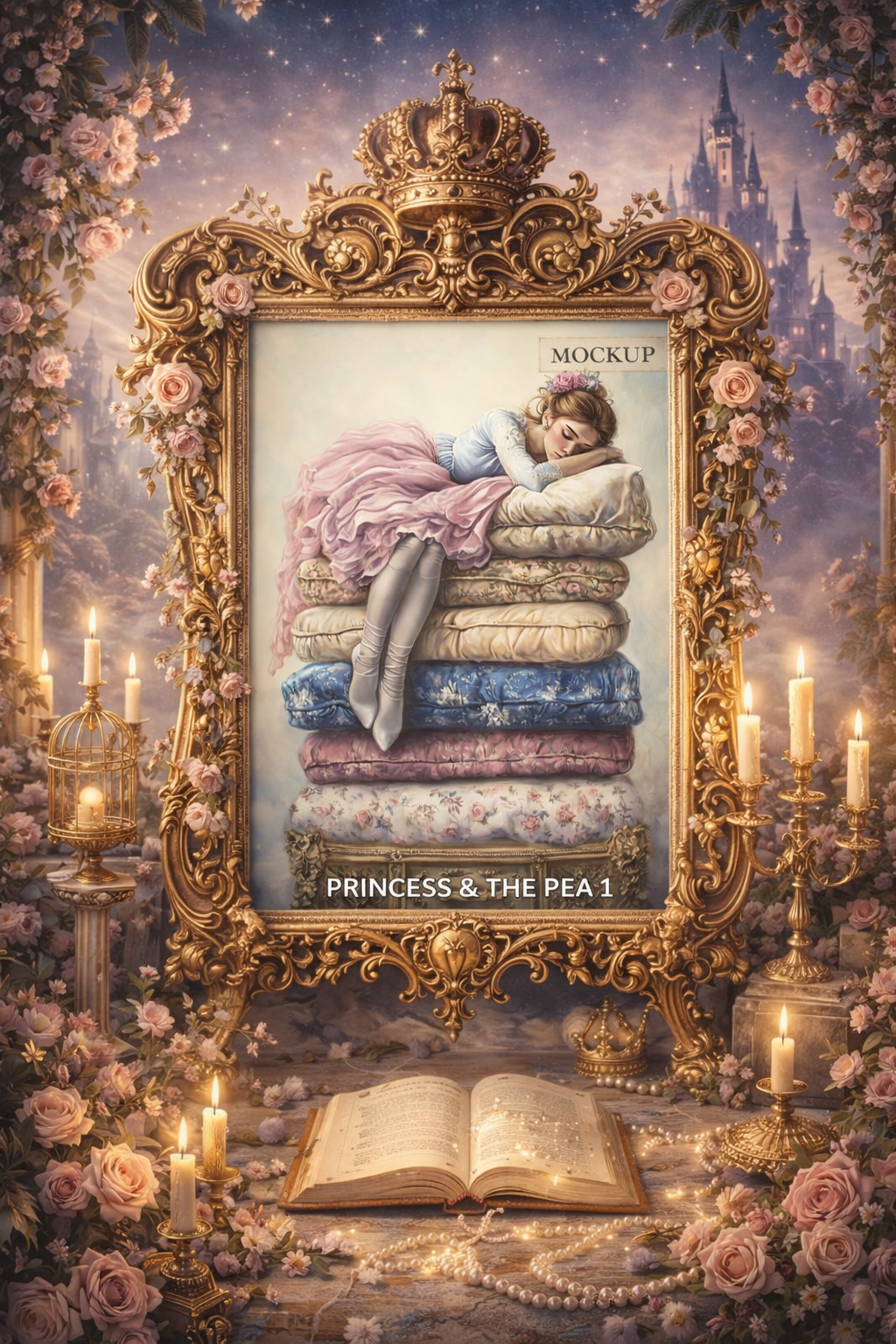 Decorative frame with a princess and the pea design, surrounded by flowers and candles.