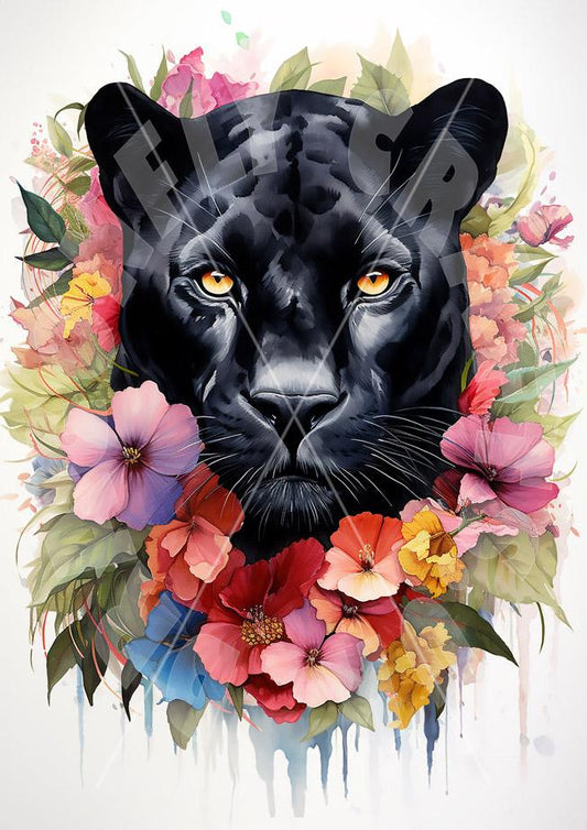 A decoupage paper with a floral pattern featuring a black panther's face prominently displayed amidst colorful flowers.