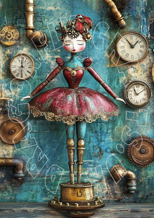 A steampunk-themed decoupage paper craft of a ballerina with a red dress and blue hat, standing on a golden platform with gear and clock motifs in the background.