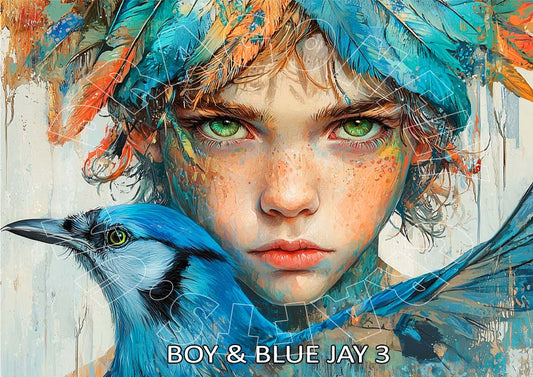 A piece of rice paper decoupage featuring a highly detailed artistic depiction of a boy with blue Jay bird on his hand, primarily in blue and white colors.