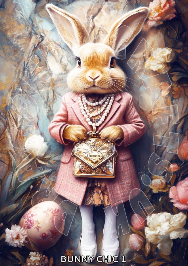 A digital illustration of a stylized rabbit wearing a pink jacket and holding a decoupage-style box, set against a background with floral and Easter egg motifs.