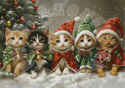 A decorative paper craft featuring a group of stylized cats wearing Christmas-themed clothing and accessories, including Santa hats, set against a snowy backdrop with a Christmas tree in the background.