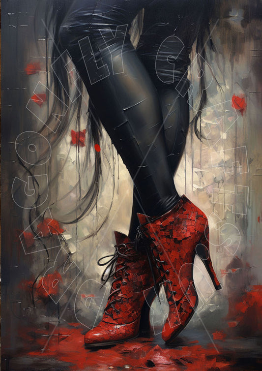 Artwork depicting a pair of red high-heeled shoes with a floral pattern, possibly representing a creative or craft theme related to decoupage.