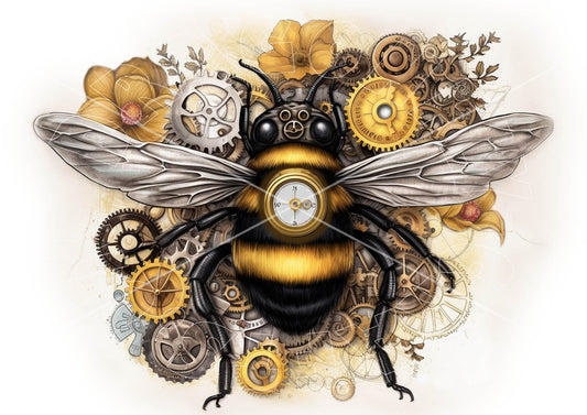 A decorative paper craft depicting a clockpunk bumble bee with floral and gear-like patterns.
