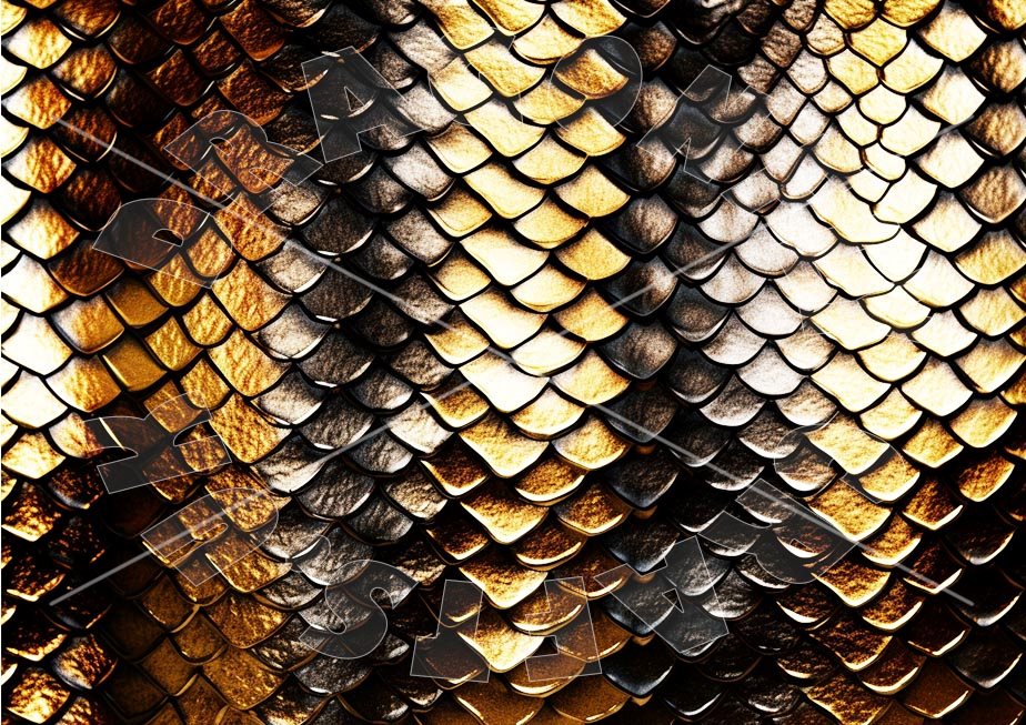 A close-up image of a decoupage paper with a pattern resembling scales, primarily in gold and brown tones.