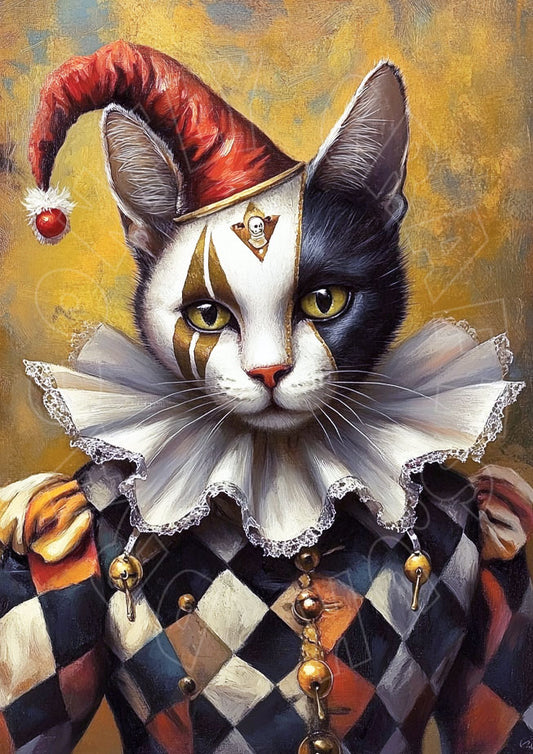 A colorful artistic depiction of a cat wearing a jester's costume with a red and white striped hat, white makeup, and a black and white coat with gold accents.