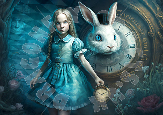 A piece of decoupage rice paper featuring an illustration of a young girl and a rabbit with clock-like eyes, set against a whimsical background with floral and fantastical elements.