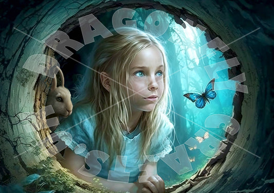 A decoupage paper featuring an illustration of a young girl looking into a tunnel with a rabbit and a butterfly, with the text 'DRAGONFLY CRAFTS - CURIOUS ALICE 4' at the top.