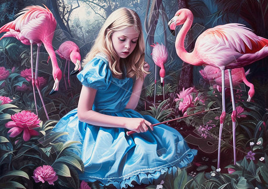 A decoupage paper craft depicting a scene with a girl and pink flamingos in a garden.