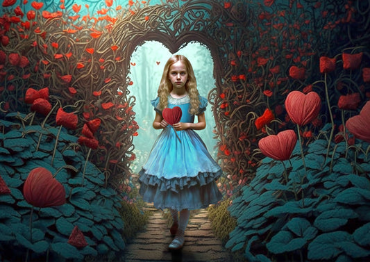 A piece of decoupage rice paper featuring a printed image of a young girl in a blue dress standing in a garden with red flowers, with a pathway and greenery in the background.