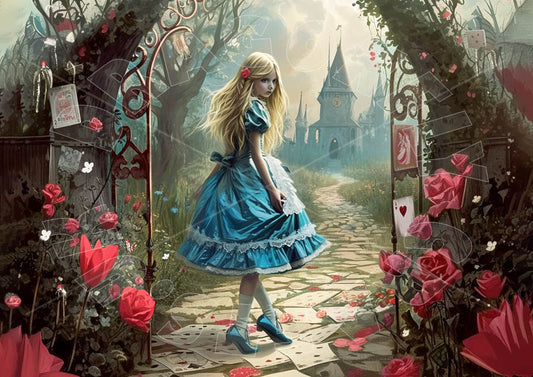A decoupage paper craft depicting a fairy tale scene with a character in a blue dress, surrounded by a forest and castle backdrop, with red and pink flowers along the path.