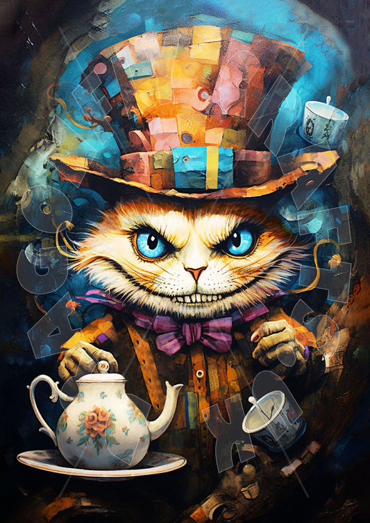 A colorful artistic decoupage paper craft depicting a cartoonish character resembling a Cheshire Cat holding a teacup and a piece of cake.