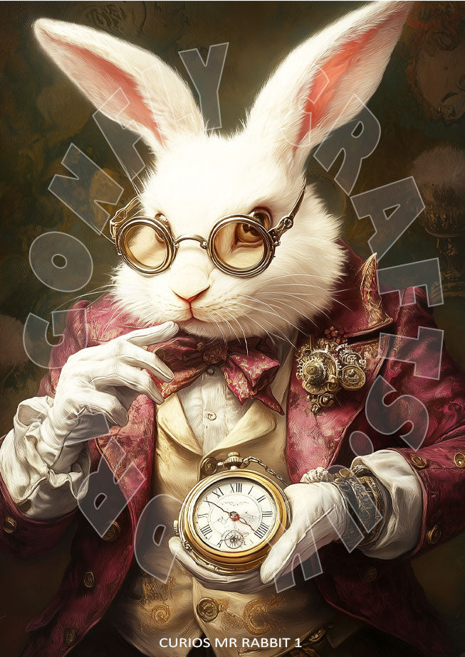 Artistic representation of a white rabbit dressed in a pink and red jacket with a bowler hat, holding a golden pocket watch, on a decoupage style background.