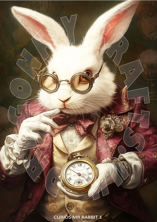 Artistic representation of a white rabbit dressed in a pink and red jacket with a bowler hat, holding a golden pocket watch, on a decoupage style background.