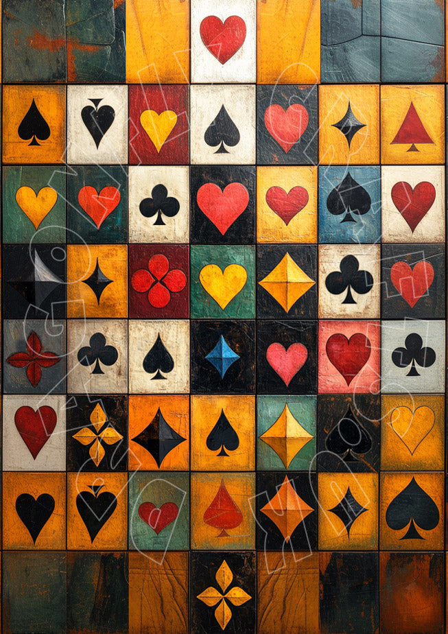 A decoupage paper craft featuring a variety of geometric shaped cards and hearts in multiple colors.