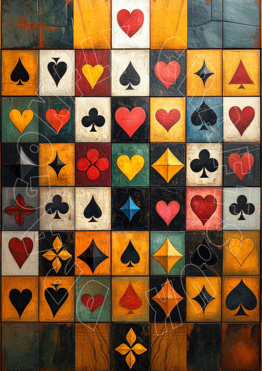 A decoupage paper craft featuring a variety of geometric shaped cards and hearts in multiple colors.