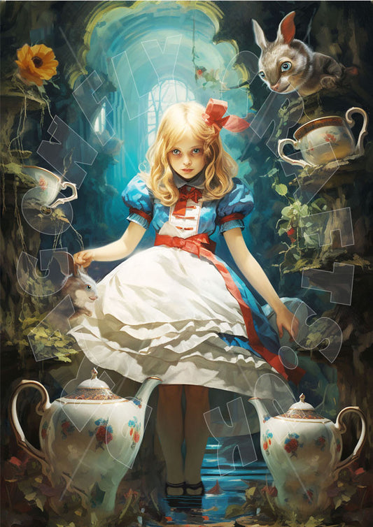 A decoupage paper craft depicting a whimsical tea party scene with a girl in a blue and white dress, surrounded by teacups and floral patterns.