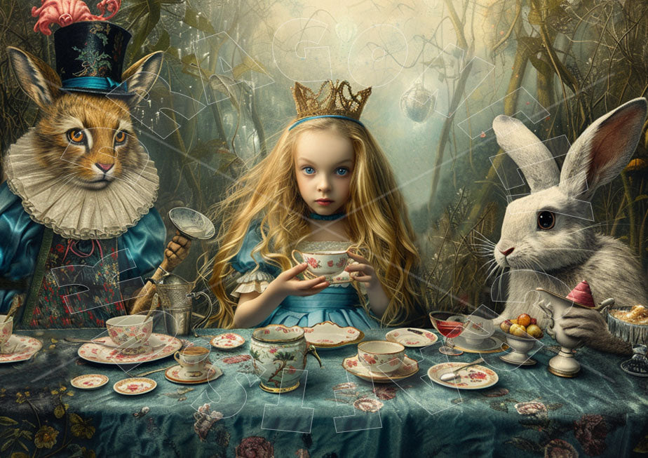 A decorative paper craft depicting a fantasy tea party scene with a girl in a blue dress, a rabbit in a hat, and a mouse in a crown, surrounded by a detailed floral and insect patterned backdrop.