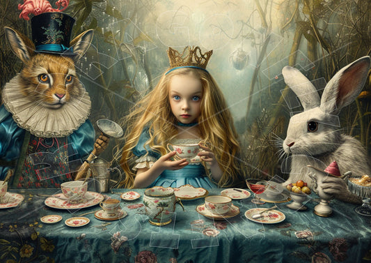 A decorative paper craft depicting a fantasy tea party scene with a girl in a blue dress, a rabbit in a hat, and a mouse in a crown, surrounded by a detailed floral and insect patterned backdrop.