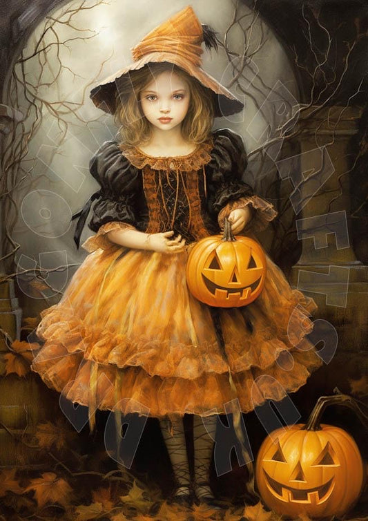A decoupage paper featuring an illustration of a young girl dressed in a Halloween costume, holding a pumpkin, with a whimsical background.