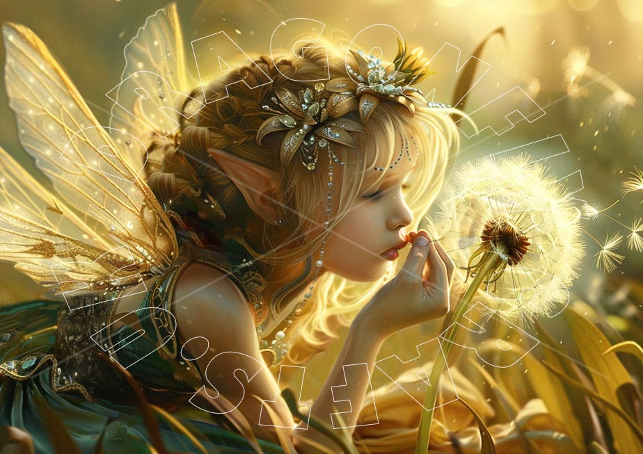 Artistic representation of a fairy sitting next to a dandelion.