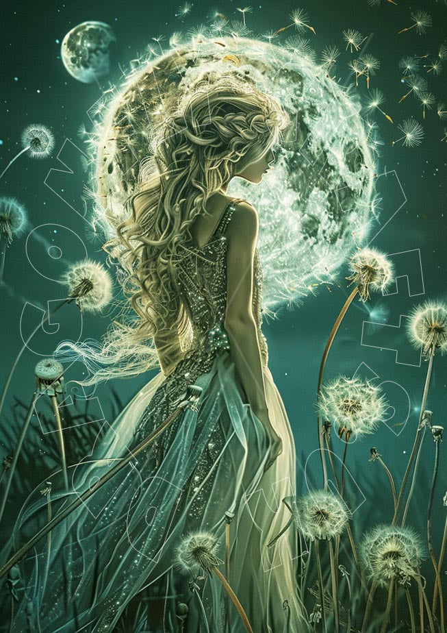 Artistic representation of a female figure with flowing hair among dandelion seeds with a moon and stars in the background.