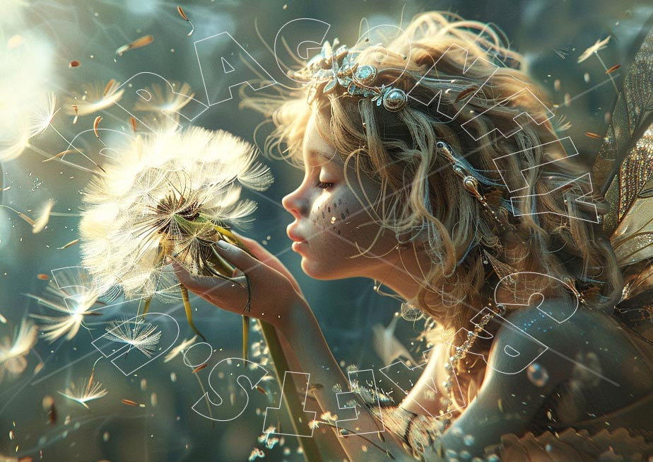 Artistic representation of a fairy blowing on a dandelion, symbolizing wishes, with intricate background patterns.