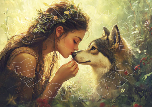 Artistic decoupage paper featuring an illustration of a person with flowers in their hair, kissing a wolf on the nose, surrounded by nature.