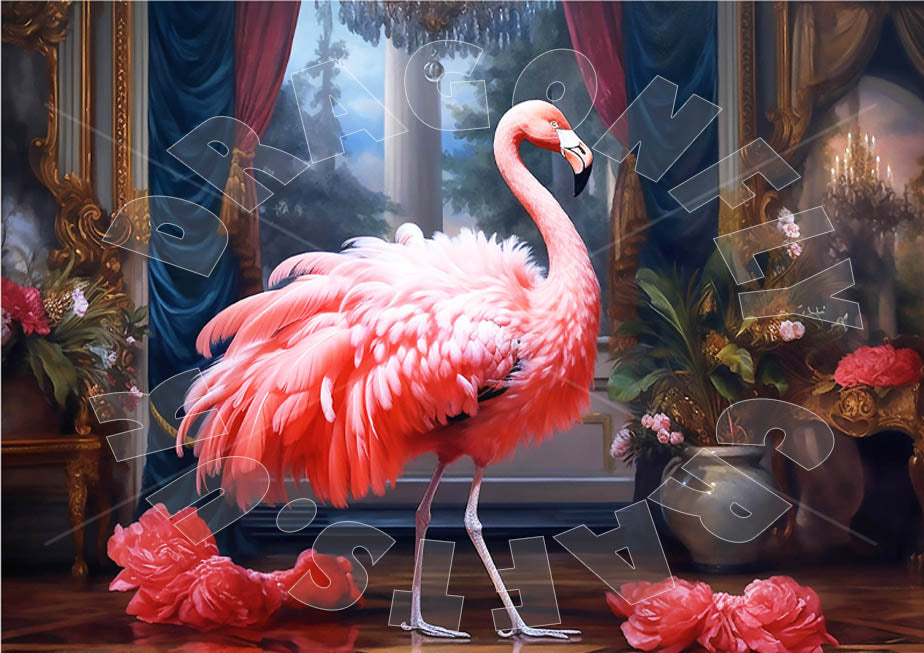 A decoupage paper craft in the shape of a flamboyant flamingo with a pink body and white and pink feathers, positioned in a room with a decorative background.